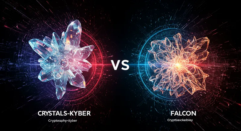 Ilustração comparativa entre CRYSTALS-KYBER e FALCON, mostrando um escudo de segurança quântica.