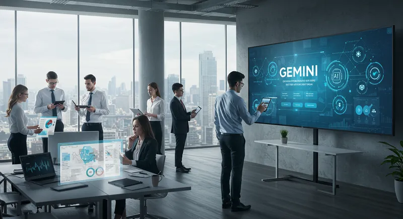 Profissional usando Google Gemini em ambiente corporativo moderno