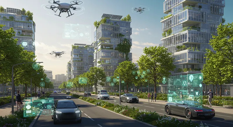 Panorama futurista de cidade inteligente com integração de tecnologias cleantech.